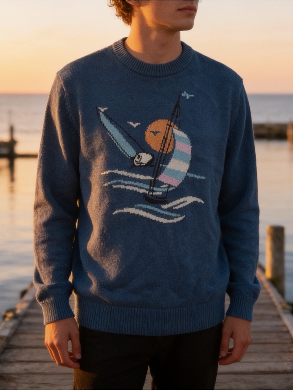 Goodfellow and Company Men's Blue Sailboat Knit Sweater 100% Cotton Size L